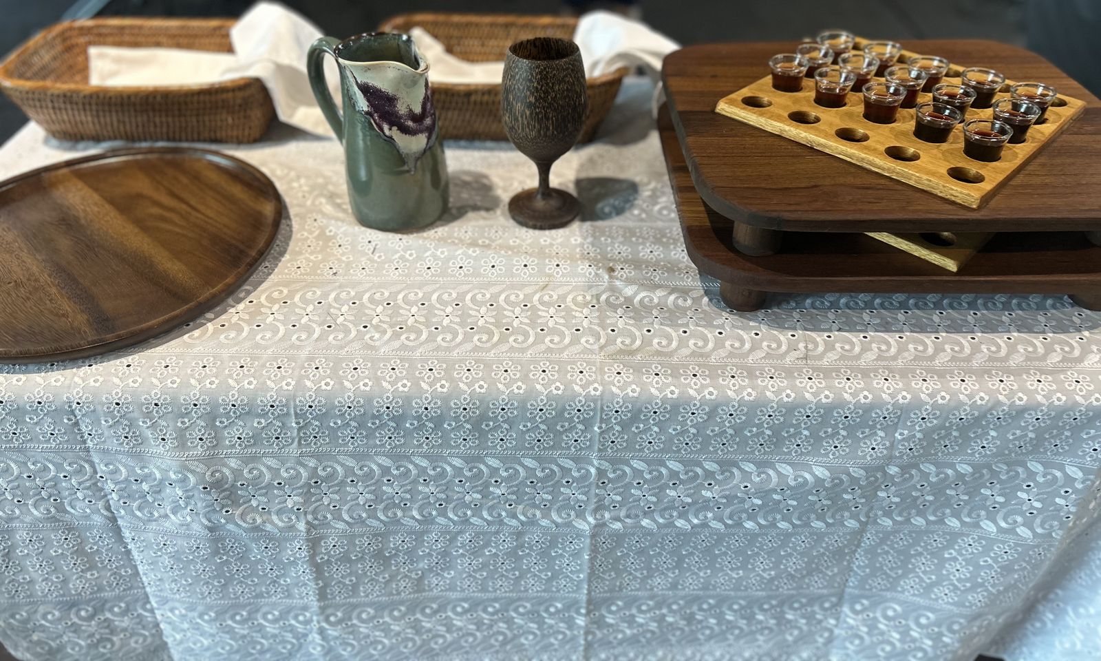 Communion elements set on a table before worship